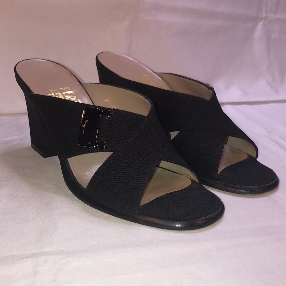 Salvatore Ferragamo “Break” Nero/Black Fabric Slides/Mules, 3” Heel, W7 - Sandal
